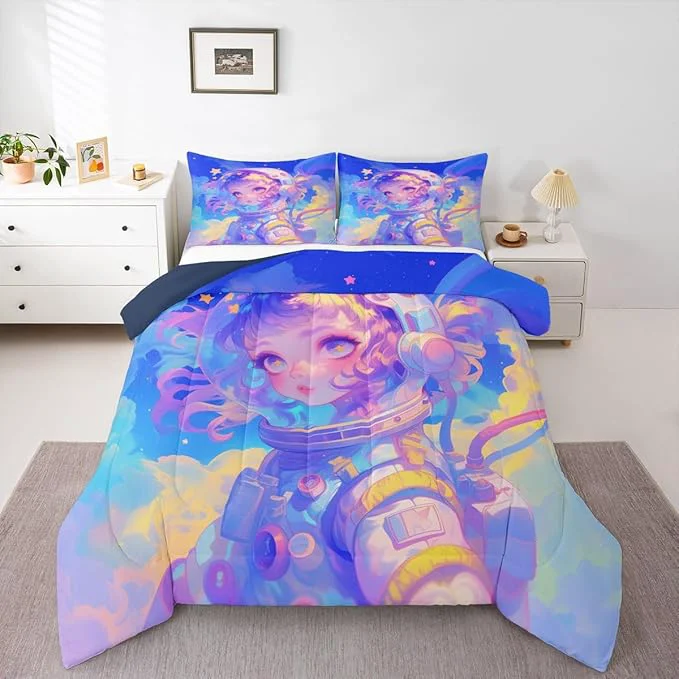 Premium Erosebridal Watercolor Anime Girl Bedding 3D Anime Comforter Set Cosmo Galaxy Sci-Fi Virtual ity Full Bed Comforter Set for Boys Girls Graffti Stars Print Duvet Insert Detailed