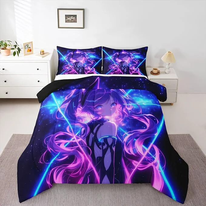 Sophisticated Erosebridal 3D Anime Kids Bedding Japanese Girl Full Comforter Sets Girly Galaxy Stars Comforter Purple Neon Duvet Insert with 2 Pillow Cases Safe