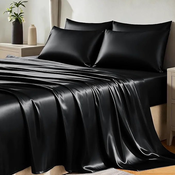 First-Class CozyLux Satin Sheets King Size Sheet Set – 6 Piece Silky King Sheets Luxury Black King Bed Set with Smooth and Soft Microfiber Includes 1 Fitted Sheet 1 Flat Sheet and 4 Pillowcases Exclusive