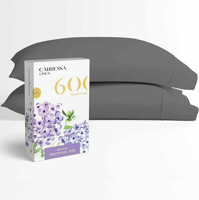 Original Carressa Linen Egyptian Cotton Pillow Cases Queen Size Set of 2 – Luxury 600 Thread Count Dark Grey Standard Queen Size Pillowcases Silky Soft Cooling Sateen Weave Hotel Quality Pillow Cover Traditional