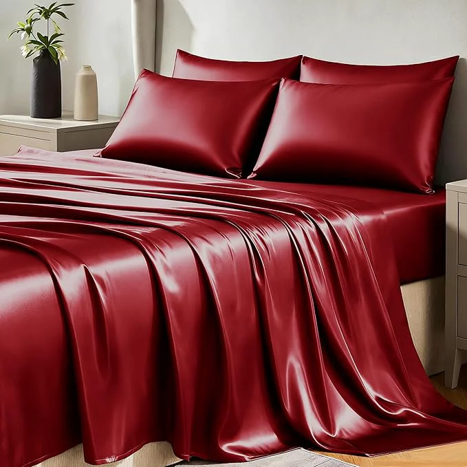 Easy-to-Use CozyLux Satin Sheets Queen Size Bed Set – 6 Piece Silky Queen Sheet Set Luxury Burgundy Queen Sheets with Smooth and Soft Microfiber Includes 1 Fitted Sheet 1 Flat Sheet and 4 Pillowcases Clean