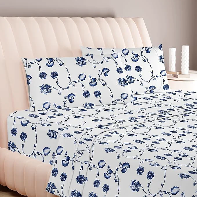 Sophisticated Carressa Linen Luxury Egyptian Cotton Queen Printed Sheet Set – 600 Thread Count Extra Long Staple 4 PC Set Blossom Azure Queen Printed Sheets Soft Cooling Sheets Upto 18 in Deep Pocket Breathable
