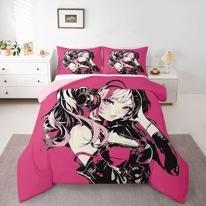 Authentic Erosebridal Pink Anime Girls Bedding Cartoon Japanes-Style Comforter Set King Graffiti Street Culture Bed Comforter Set for Kids Teens Youth Watercolor Hippie Style Duvet Set 3Pcs Powerful