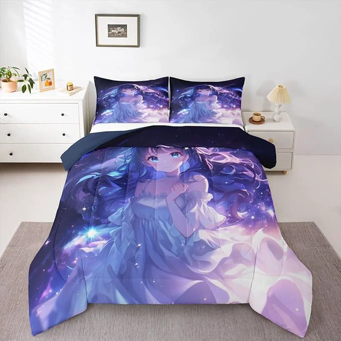 Versatile Erosebridal Anime Girls Bedding Anime Gifts Comforter Set for Kids Purple 3D Galaxy Printing Bedding Sets Cartoon Long Curly Hair Girly Printed Comforter Kids Kawaii Japanese Girl Bed Set King Classic