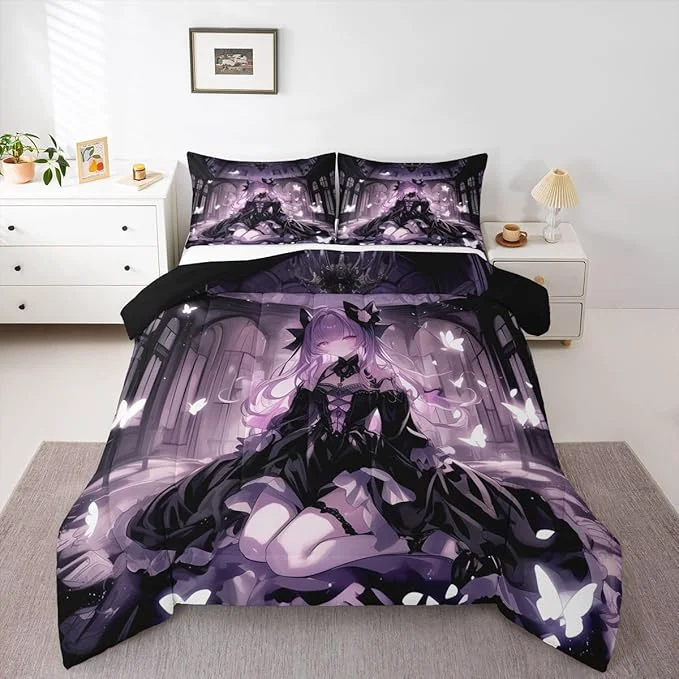 Soft Erosebridal 3D Girly Kids Comforter Set Japanese Girl Bedding Twin Size Anime Gifts Down Comforter Purple Dreamy Butterfly Print Duvet Set for Bedroom Expertly Made