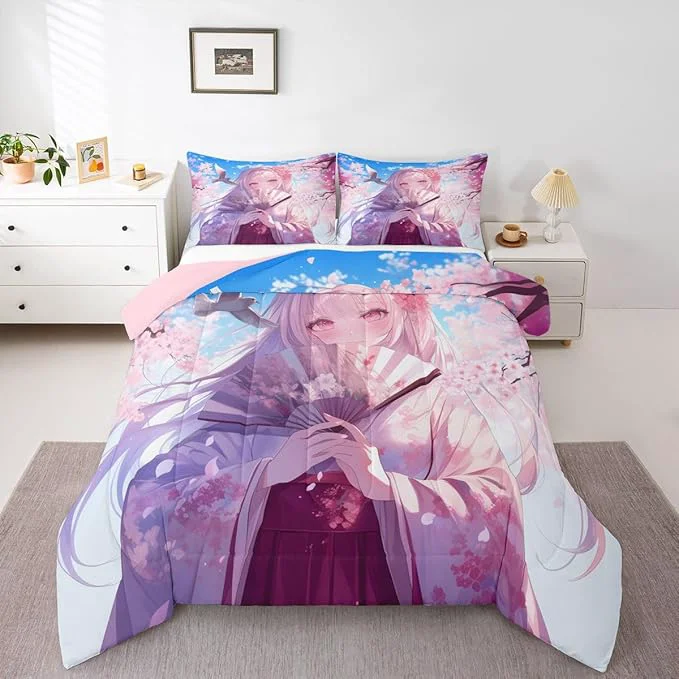 Casual Erosebridal Japanese Style Girl Comforter Set Cartoon Anime Girl Bedding Japanese Cherry Blossoms Bed Comforter Set Romance Room Decor Cartoon Kawaii Girly Bedding Sets Full Size 3 Pieces Consistent
