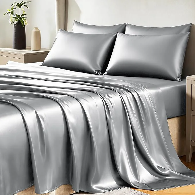 Smart CozyLux Satin Sheets Full Size Sheets – 6 Piece Silky Full Size Bed Sheets Luxury Light Grey Full Bed Set with Smooth and Soft Microfiber Includes 1 Fitted Sheet 1 Flat Sheet and 4 Pillowcases Advanced