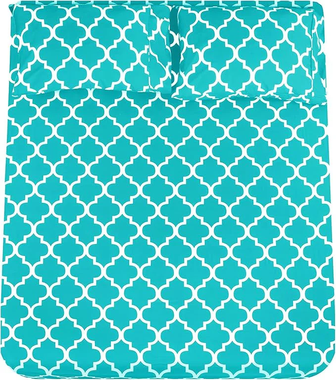 Pure Mejoroom King Bed Sheet Set – Super Soft Brushed Microfiber 1800 Thread Count Sheets with 15 inch Deep Pocket – Wrinkle – 4 Piece Aqua Quatrefoil with White Pattern