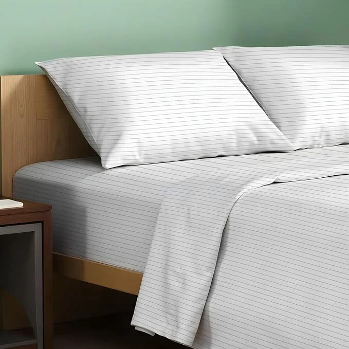 User-Friendly TEXAS LINEN CO. Organic Cotton Printed Sheets Queen Size – 4 PC Organic Cotton Percale Sheets Queen Set Pinstripe – Light Grey Cooling amp Breathable Sheet 16 quot Deep Pocket – GOTS Superior