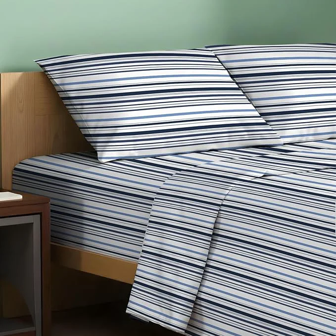 Superior TEXAS LINEN CO. Organic Cotton Printed Sheets Twin Size – 3 PC Organic Cotton Percale Sheets Twin Set Variegated Stripe Cooling Sheet for Dorm Room 16 quot Deep Pocket – GOTS High-Performance