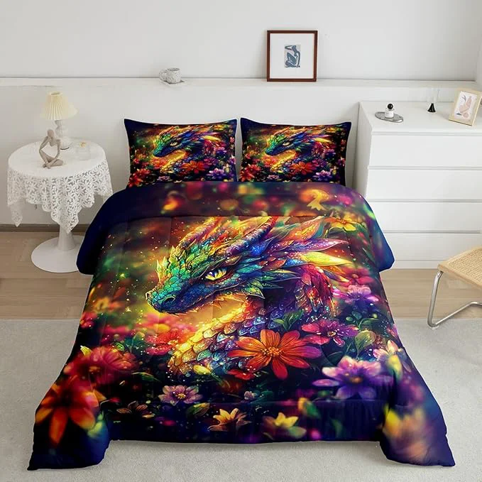 Premium Material Feelyou Dragon Comforter Set Full Size Shiny Dragon Comforter for Boys Girls Teens Wild Life Bedding Set Dragon Decor Duvet Set Room Decor Muticolor Quilt Set Natural