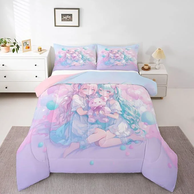 Pure Erosebridal Anime Girl Kids Bedding Girly Friendship Comforter Sets King Fantasy Dreamy Girls Comforter Romance Ballons Duvet Insert with 2 Pillow Cases Casual
