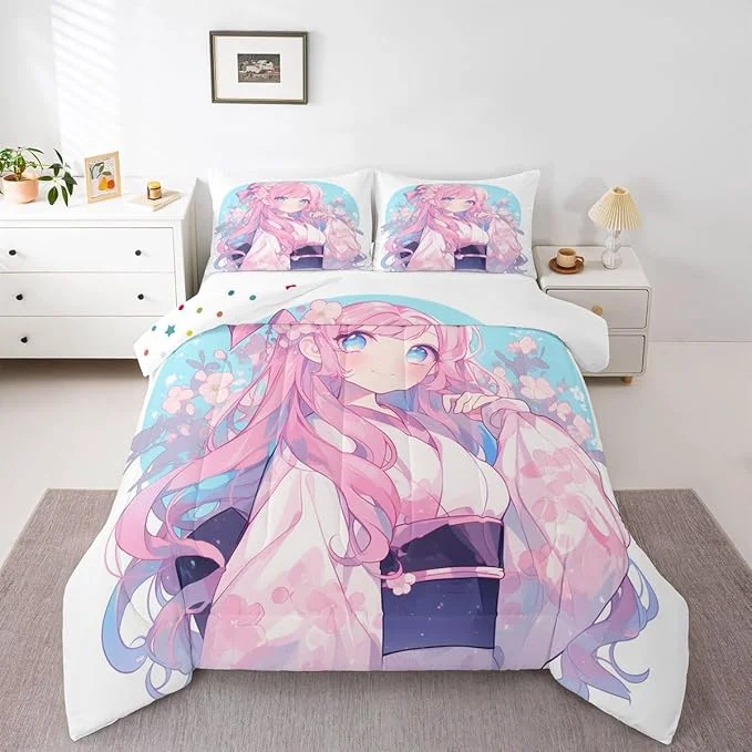 High-End Erosebridal Girls Bedding Japanese Style Comforter Set Queen 3D Anime Girl Duvet Insert Cartoon Kawaii Kimono Girl Bedding Comforter Sets Romantic Gifts for Her Smart