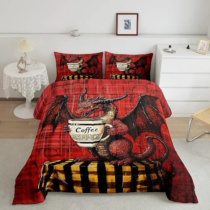 Healthy Feelyou Dragon Comforter Set Toddler Size Dragon Stuff Comforter for Boys Girls Teens Wild Life Bedding Set Coffee Duvet Set Room Decor Red Quilt Set Top-Quality