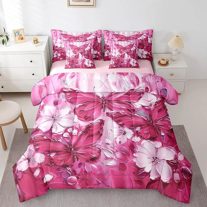 High-End Erosebridal Girls Hot Pink Butterfly Bedding Sets Twin 7 Piece White Flowers Oil Painting Boho Kids Comforter Set Retro Aesthetics Bohemian Butterfly Bed in A Bag Floral Butterfly Sheet Set Artisan
