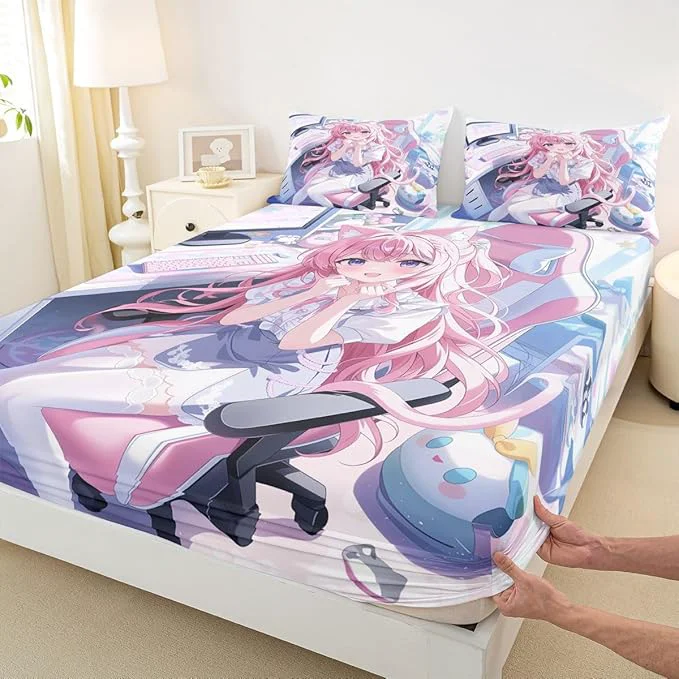 Unique Erosebridal Kawaii Japanese Girl Fitted Sheet for Boys Girls Kids Cartoon Anime Queen Bed Sheets Girls Gamer Sheets 3D Japanese Style Bedding Sets No Top Sheet Versatile