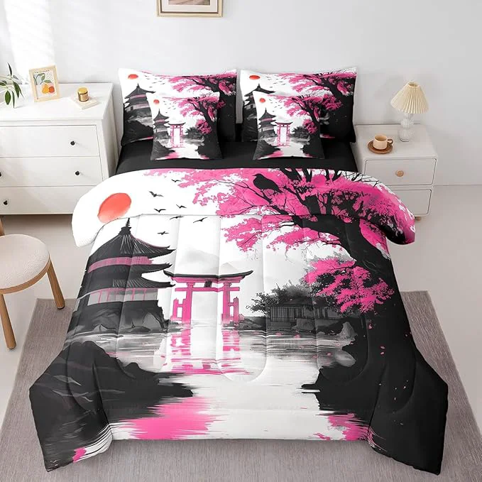 Superior Erosebridal Japanese King Comforter Set 7 Piece Sun Cherry Blossom Bedding Set for Teen Girls Women Watercolor Pink Black Mountain Sakura Floral Bed in A Bag Asian Chinese Ink Anime Sheet Set Environmentally Friendly