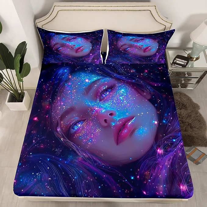 Prestigious Erosebridal 3D Japanese Girl Fitted Sheet with Glitter Stars Decorations Galaxy Bed Sheets Full Size 3 Pieces Anime Decor Bedding Set Fashion Anime Gifts for Girls Sheets with 2 Pillowcases Fast