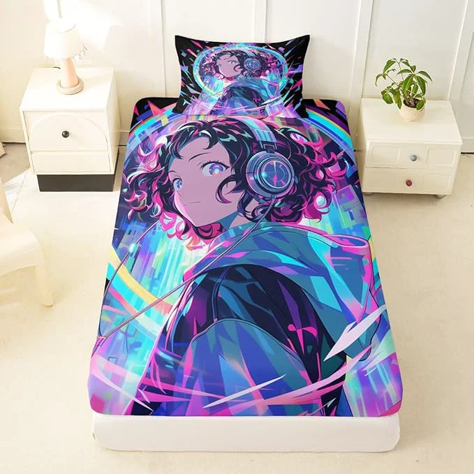Top-Quality 3D Anime Girl Bed Sheets American Street Culture Fitted Sheet Twin for Teens Youth Girls Watercolor Graffiti Style Bedding Set Galaxy Stars Print Sheets with 1 Pillow Case No Flat Sheet Efficient