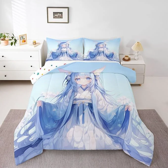 Healthy Erosebridal Traditional Japanese Girl Comforter Set Kawaii Decor 3D Anime Girl Bedding Comforter Sets Cartoon Japanese Girl Bedding for Kids Girls Blue Butterfly Decorations Down Comforter Queen Innovative
