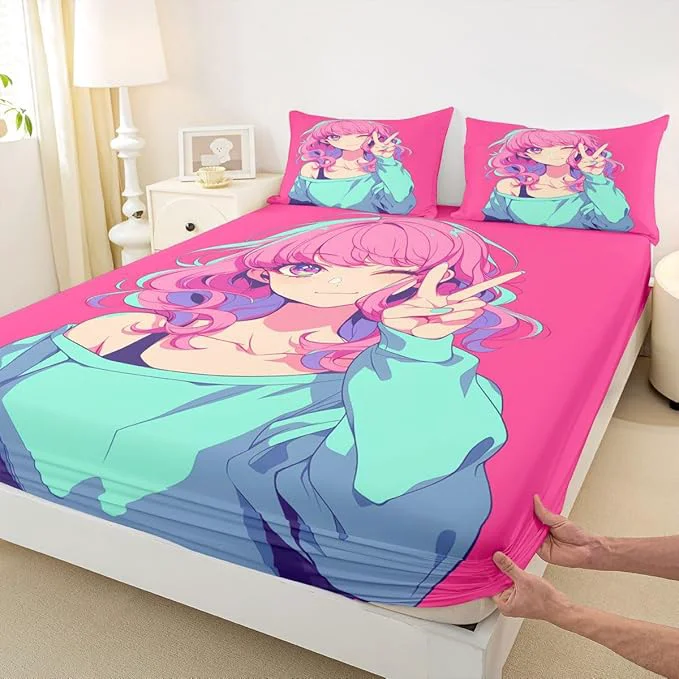 Specialty Japanese Anime Bedding Set 3D Anime Girl Fitted Sheet Kawaii Japanese Style Bed Sheets Cartoon Uniform Girl Sheets Hot Pink Room Decor Twin 2Pcs 1 Fitted Sheet 1 Pillowcase No Top Sheet Elite