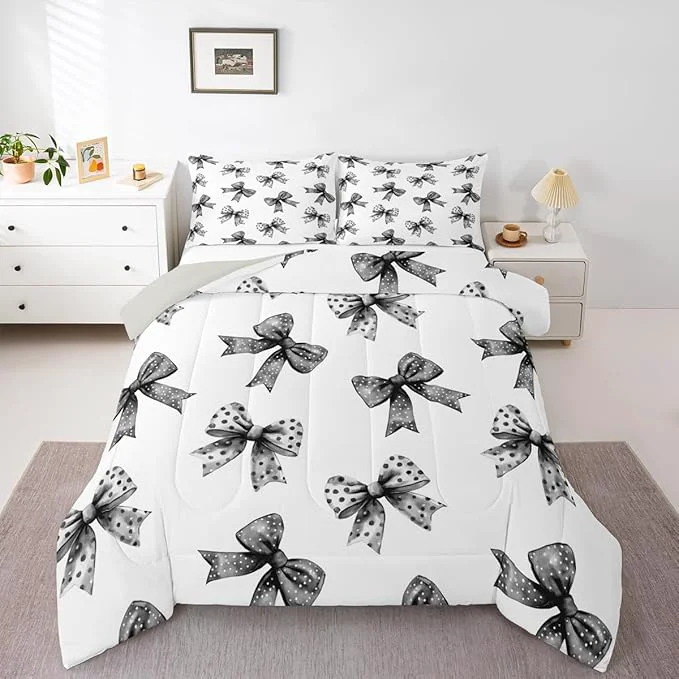 Elegant Erosebridal Bow Kids Comforter Set Ribbon Black Bow Bedding Full Size Coquette Bowknot with Dots Down Comforter Dreamy Princess Bowtie Duvet Set for Bedroom User-Friendly