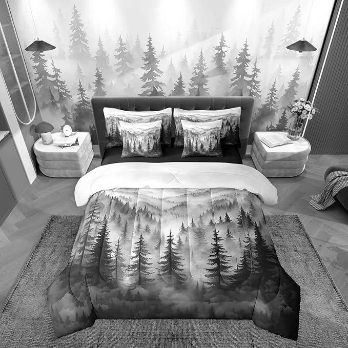 Elegant Erosebridal Grey Forest Queen Comforter Set 7 Piece Rustic Woodland Pine Tree Bedding Set for Kids Boys Adults Men Jungle Smoky Mountain Bed in A Bag Retro Natural Landscape Sheet Set with Comforter High-Performance