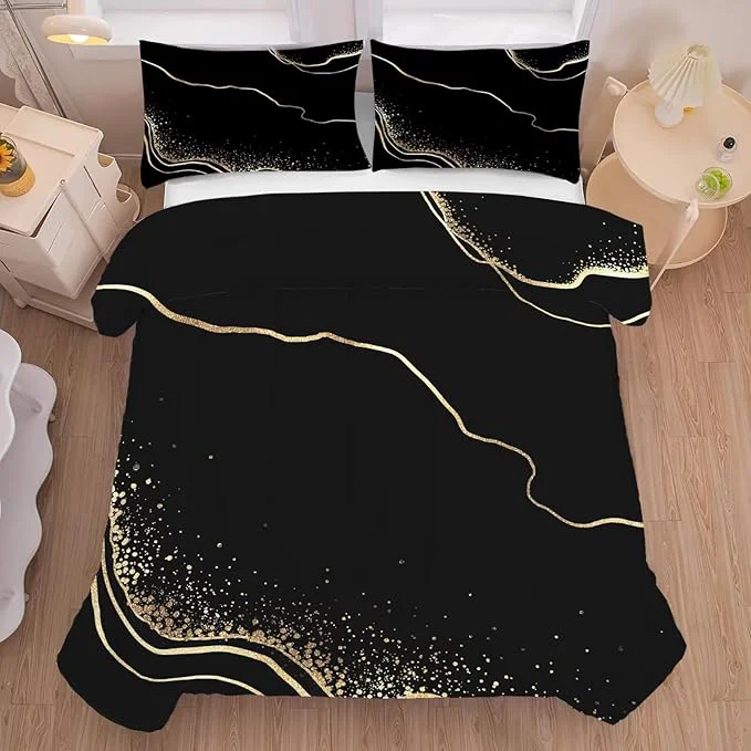 Sustainable Marble Comforter Set Twin Size Black and Gold Bedding for Kids Girls Teen Women Men Bedroom Decor Texture Luxury Marbling Quilt Bed Sets 1 Comforter 1 Pillowcase Refined
