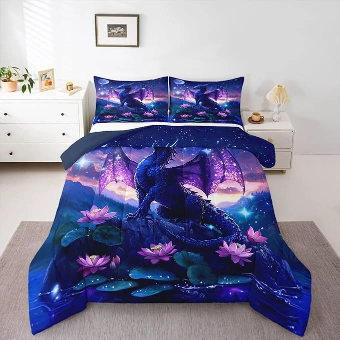 Authentic Feelyou Dragon Kids Comforter Set King Size Dragon Stuff Bedding Set Wild Life Duvet Quilt for Kids Boys Girls Bedroom Wildlife Decor Purplish Microfiber Ultra Soft Breathable Fine