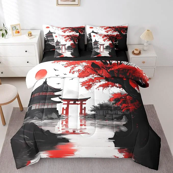 Prestigious Erosebridal Japanese Queen Comforter Set with Sheets 7 Piece Sun Cherry Blossom Bedding Set for Girls Women Watercolor Black Red Mountain Sakura Floral Bed in A Bag Asian Chinese Ink Sheet Set Enhanced
