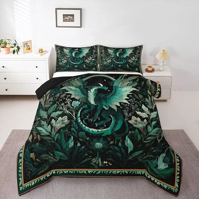 Elite Feelyou Dragon Comforter Set All Season Dragon Stuff Bedding Set with 2 Pillow Cases Wild Life Kids Queen Bedclothes Wildlife Bedroom Decor Greenish Duvet Quilt Breathable Soft Exceptional