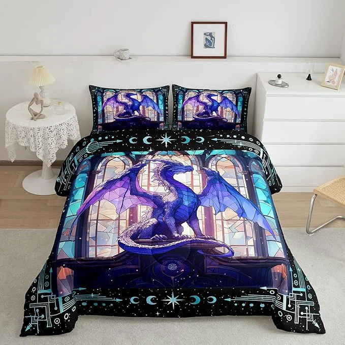 Premium Material Feelyou Dragon Comforter Set Toddler Size Dragon Stuff Comforter for Boys Girls Teens Modern Bedding Set Dragon Decor Duvet Set Room Decor Purple Quilt Set Flexible