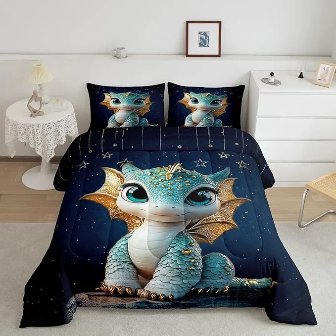 Effective Feelyou Dragon Comforter Set Full Size Dragon Stuff Comforter for Boys Girls Teens Wild Life Bedding Set Dragon Decor Duvet Set Room Decor Navy Blue Quilt Set Optimized