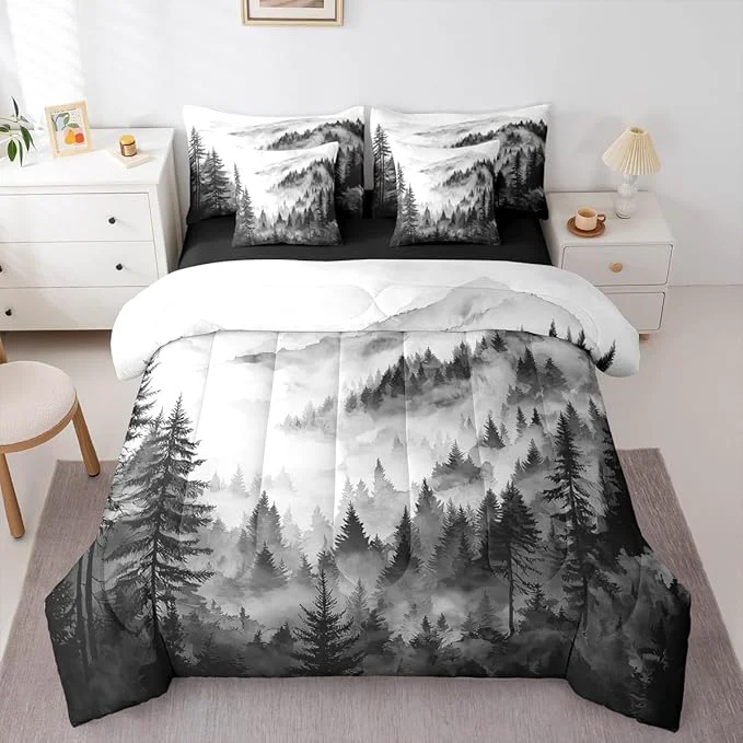 Optimized Erosebridal Black Gray Misty Forest Queen Comforter Set with Sheets 7 Piece Grey White Foggy Mountain Bed in A Bag Rustic Woodland Pine Trees Bedding Sets for Kids Adults Watercolor Nature Bed Set Reliable
