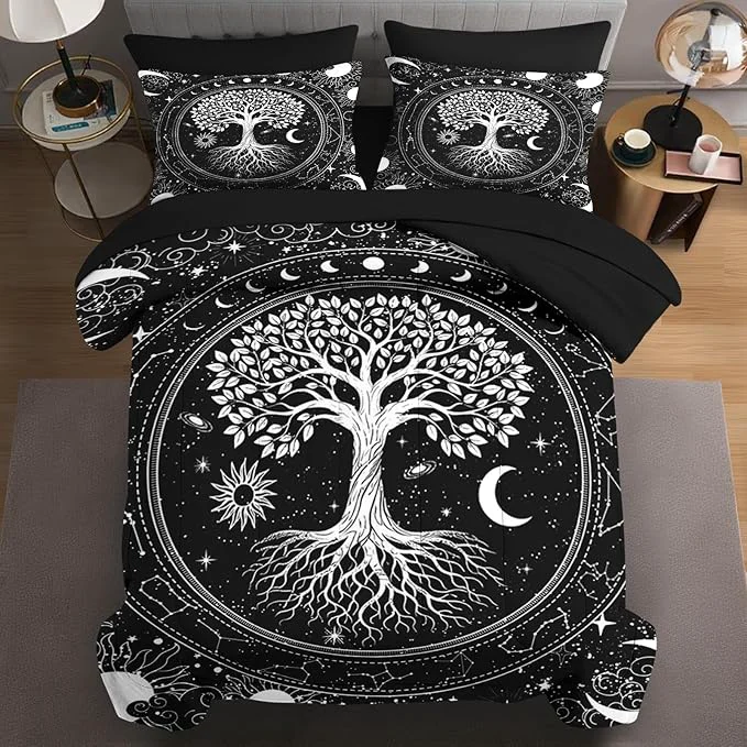 Trusted 7 Pcs Queen Size Comforter Set with 2 Pillowcases amp 2 Shams Black Gothic Tree of Life Bedding for Kids and Adults Nature Sun and Moon Bed in a Bag with Flat Fitted Sheet Refined