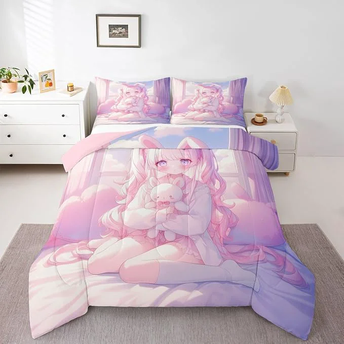 Verified Erosebridal Romance Girly Comforter Set for Kids Boys Girls Anime Girl Bedding Japanese Girl Duvet Set Cute Cartoon Bear Comforter Twin with 1 Pillowcase Versatile