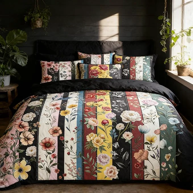 Sophisticated Vintage Black Floral King Size Bed in A Bag for Girls 7Pcs Stripe Patchwork Comforter Set for Farmhouse Country Bedroom Decor Black Botanical Quilted Bedding with 2 Pillowcases 104 quot x90 quot Contemporary