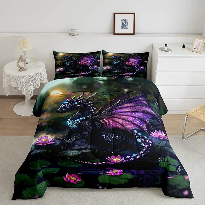 Premium Material Feelyou Dragon Comforter Set King Size Dragon Stuff Comforter for Boys Girls Teens Wild Life Bedding Set Lotus Flower Duvet Set Room Decor Green Purple Quilt Set Top-Quality