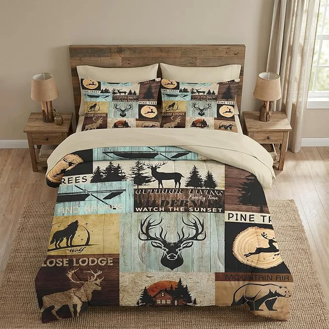 Proven 7 Pcs Full Size Comforter Set with 2 Pillowcases amp 2 Shams Pine Animal Hunting Deer Bedding for Kids and Adults Bear Wolf Tree Woodboard Bed in a Bag with Flat Fitted Sheet Outstanding