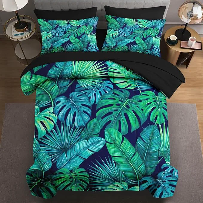 Stylish 7 Pcs Queen Size Comforter Set with 2 Pillowcases amp 2 Shams Tropical Palm Leaf Bedding for Kids and Adults Green Turquoise Bed in a Bag with Flat Fitted Sheet Elegant
