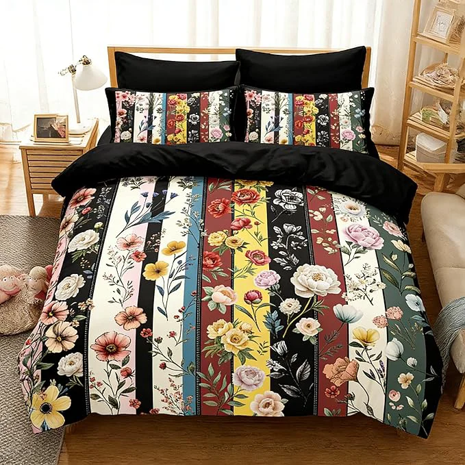 Consistent Vintage Black Floral Comforter Set Full for Girls 3Pcs Stripe Patchwork Bedding Set for Women Farmhouse Country Botanical Floral Quilted Comforter with 2 Pillowcases 79 quot x90 quot Safe