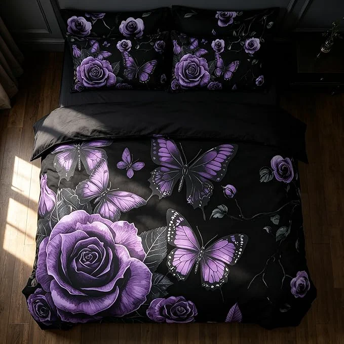 Clean Vintage Floral Comforter Set Queen Size Black Black Red Floral Bedding Set for Gothic Bedroom Decor 3 Pieces Soft Microfiber Lightweight Comforter Set with 2 Pillowcases 90 quot x90 quot Breathable