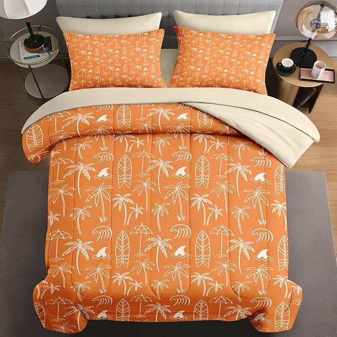 Advanced 5 Pcs Twin Size Comforter Set with Pillowcase amp Sham Boho Palm Tree Beach Bedding for Kids and Adults Summer Hawaiian Tropical Leaf Bed in a Bag with Flat Fitted Sheet Authentic