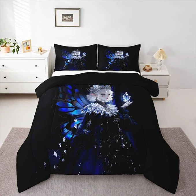 Elite Erosebridal Gothic Girls Comforter Set for Kids Boys Girls A Girl Wearing A Crown Bedding Butterfly Diamond Feather Print Duvet Set Coquette Princess Comforter Full with 2 Pillowcases High-End