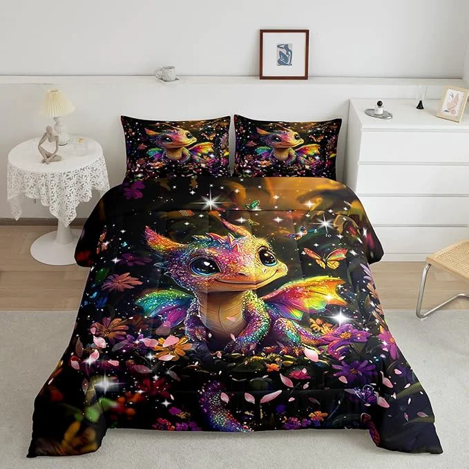 Soft Feelyou Dragon Comforter Set Full Size Dragon Stuff Comforter for Boys Girls Teens Shiny Flower Bedding Set Dragon Decor Duvet Set Room Decor Carbon Black Quilt Set Traditional