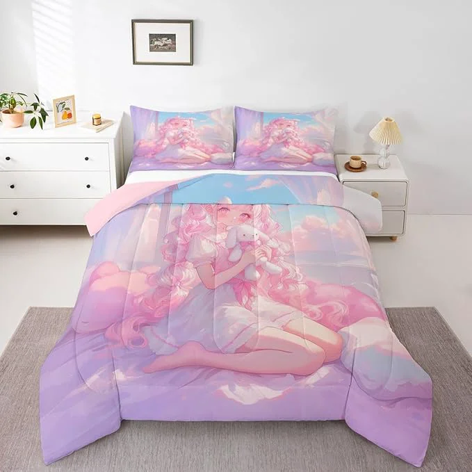 Prestigious Erosebridal 3D Japanese Girl Bedding Sets King – Romance Style Comforter Set for Kids Adults Japanese Anime Girly Duvet Insert Anime Gifts Quilt Reusable
