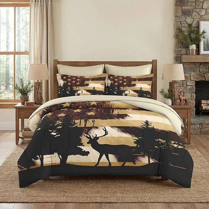 Sustainable 7 Pcs Queen Size Comforter Set with 2 Pillowcases amp 2 Shams Retro Hunting Deer Bedding for Kids and Adults American Flag Animal Bed in a Bag with Flat Fitted Sheet Next-Generation