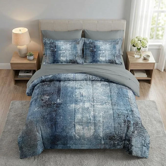 Fine 7 Pcs Queen Size Comforter Set with 2 Pillowcases amp 2 Shams Navy Indigo Blue Bedding for Kids and Adults Contemporary Abstract Gray Bed in a Bag with Flat Fitted Sheet
