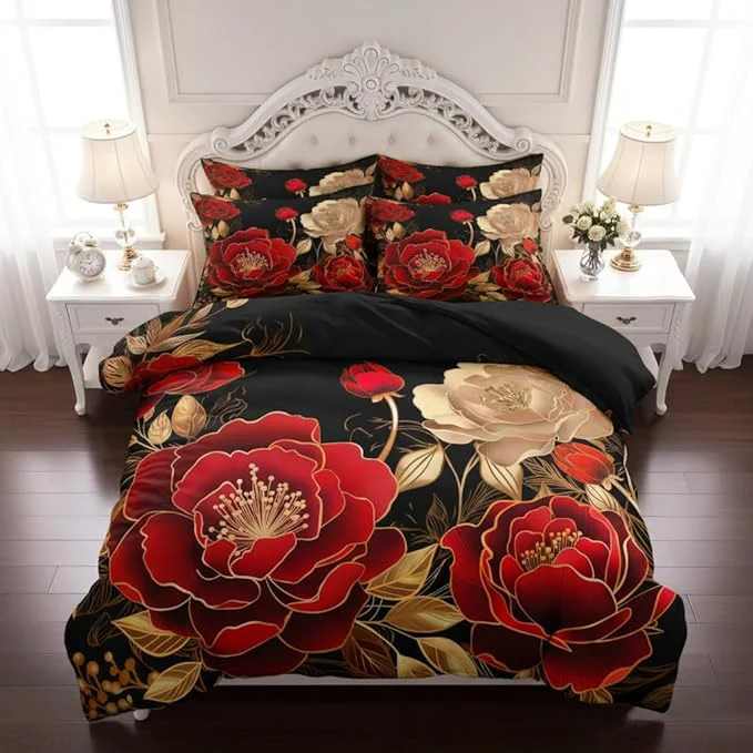 Durable Black and Red Comforter Set Girls King Size Vintage Floral Bedding 3 Pcs Luxury Botanical Flower Quilted Comforter for Elegant Women Bedroom Decor Red Gold 104 quot x90 quot Specialty