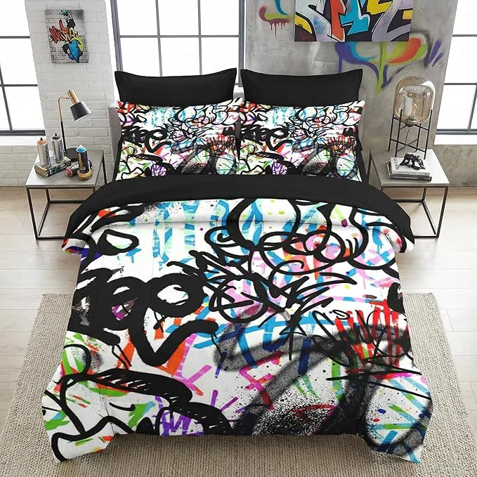 Quality 7 Pcs Full Size Comforter Set with 2 Pillowcases amp 2 Shams Urban Modern Fashion Bedding for Kids and Adults Abstract Graffiti Bed in a Bag with Flat Fitted Sheet Fast
